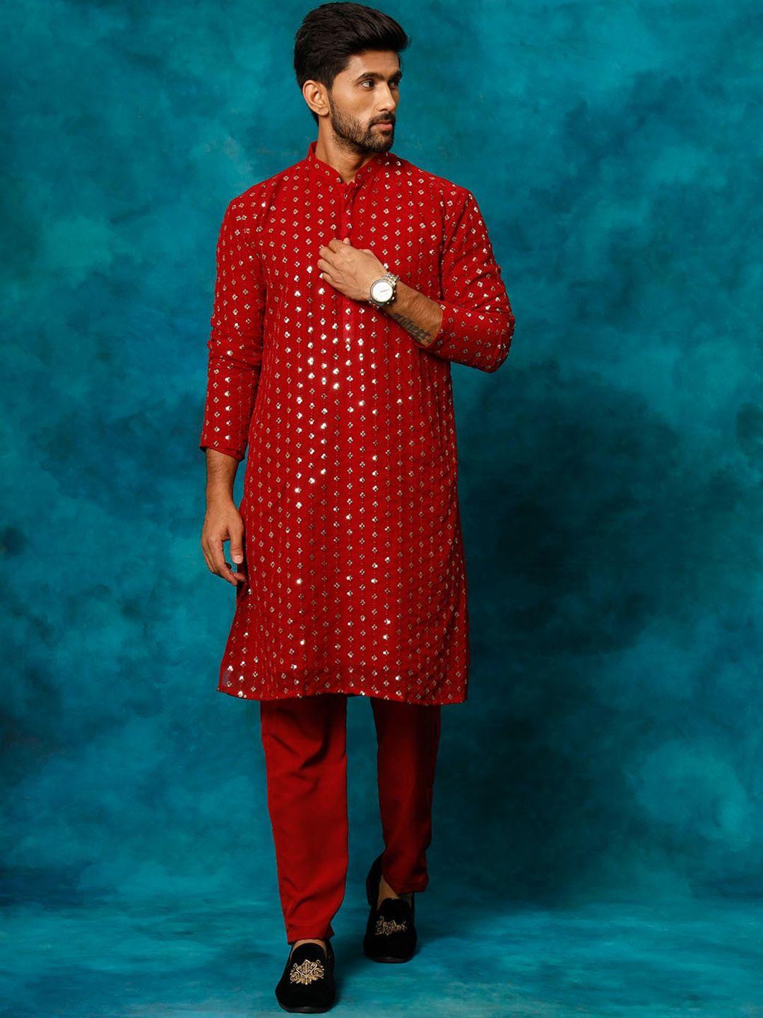 vm embellished mandarin collar regular sequinned kurta with pyjamas