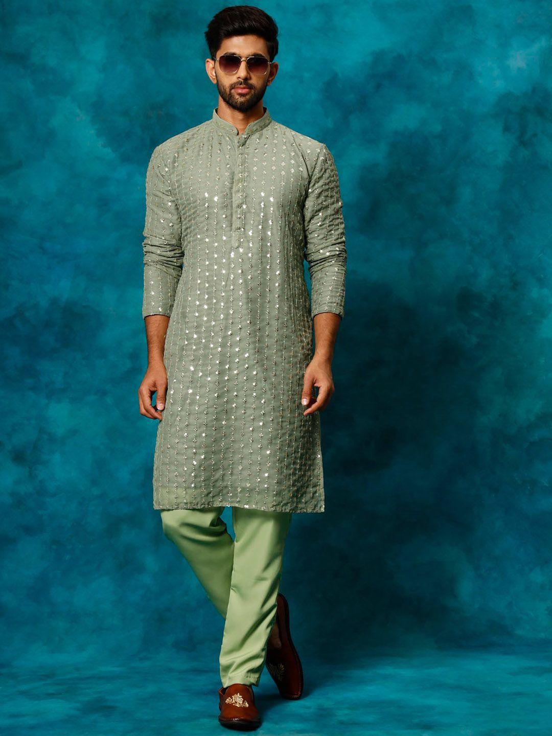 vm embellished mandarin collar regular sequinned kurta with pyjamas