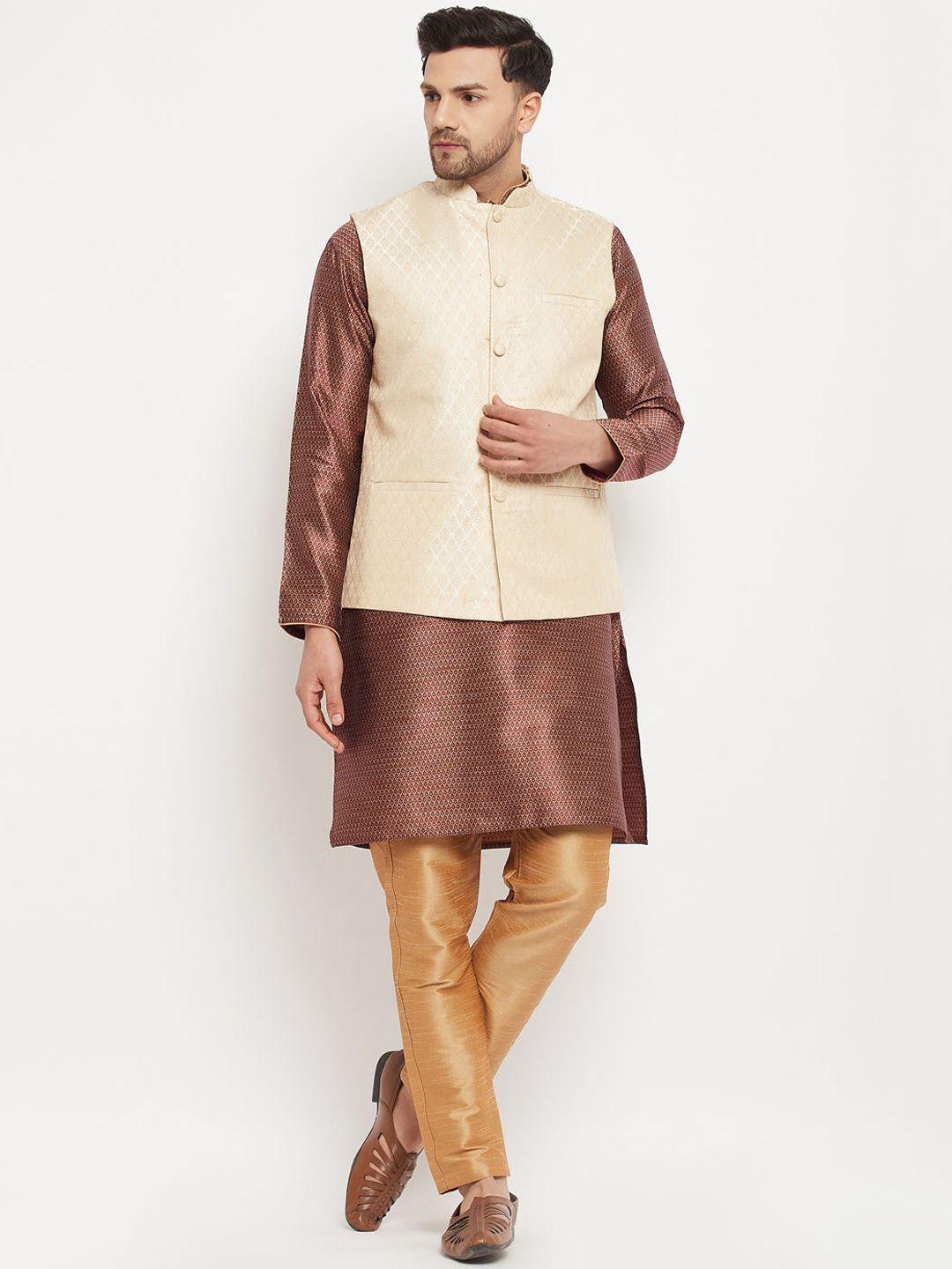 vm ethnic motifs woven design jacquard kurta with pyjamas & nehru jacket