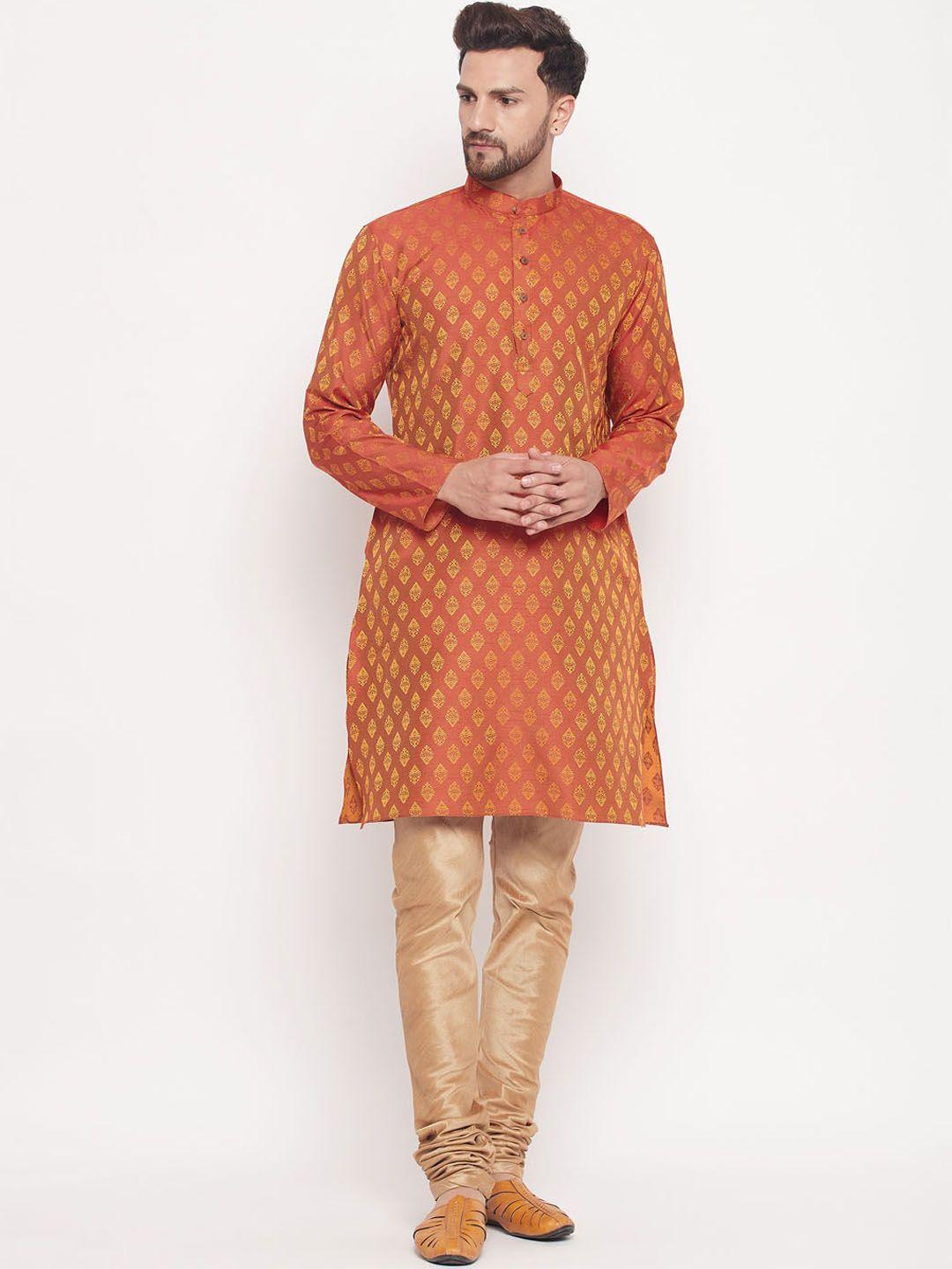 vm ethnic motifs woven design mandarin collar straight silk blend kurta with churidar
