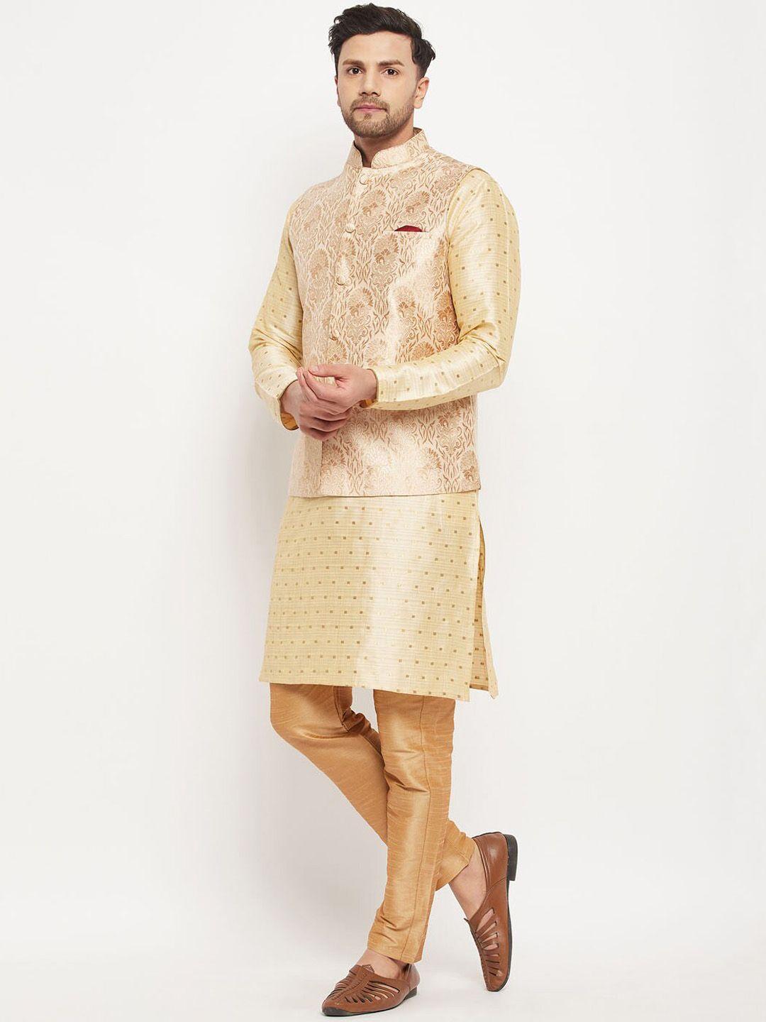vm ethnic motifs woven design straight kurta with pyjamas & nehru jacket