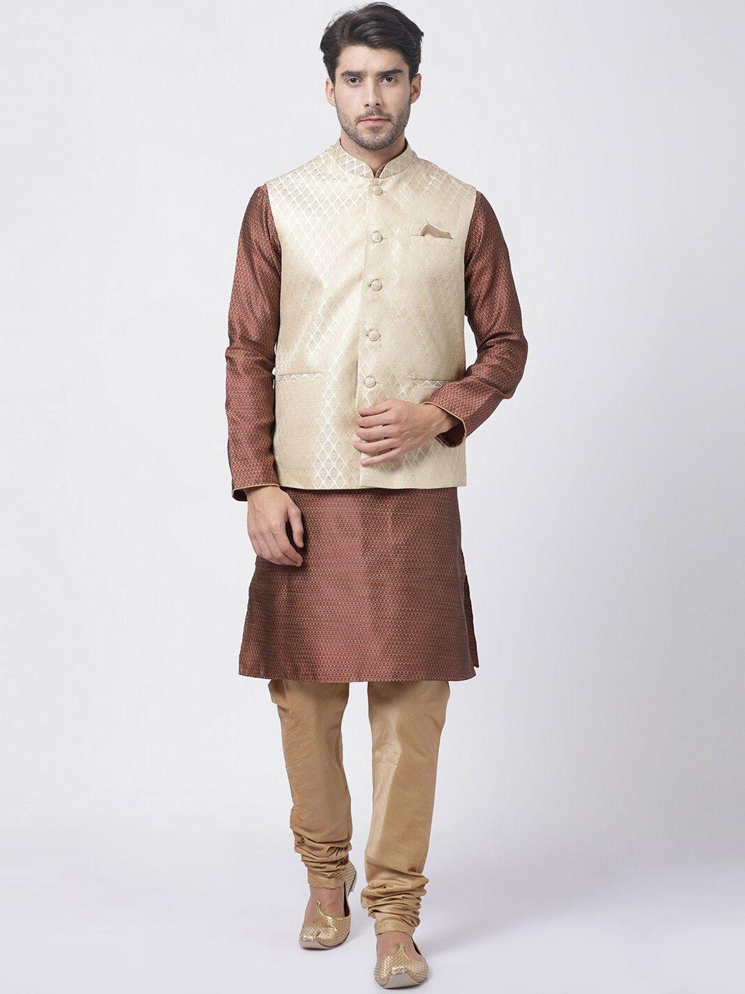 vm floral woven design mandarin collar regular kurta with churidar & nehru jacket