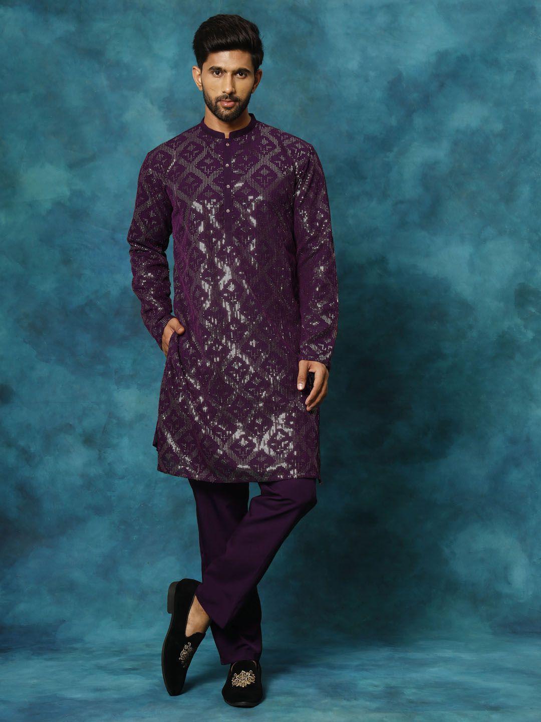 vm geometric embroidered mandarin collar sequinned straight kurta with trousers