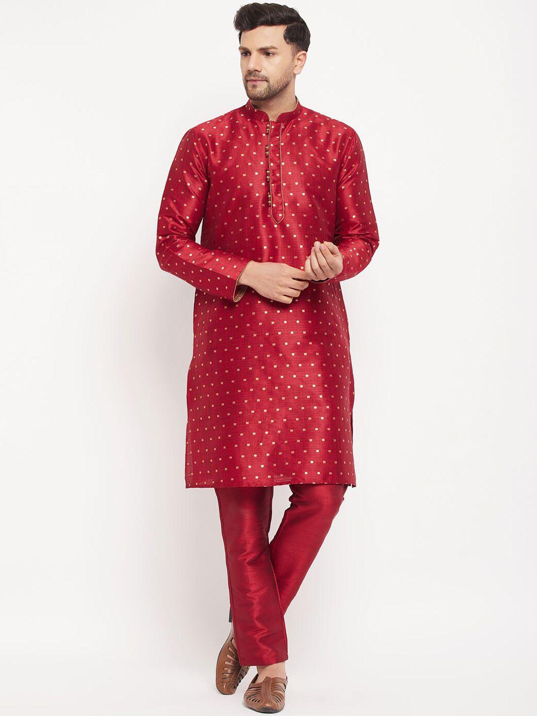 vm geometric woven design mandarin collar straight kurta with pyjamas