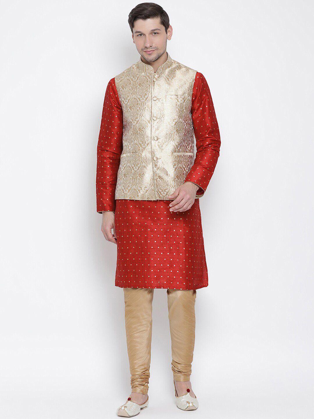 vm geometric woven design regular kurta with churidar & nehru jacket