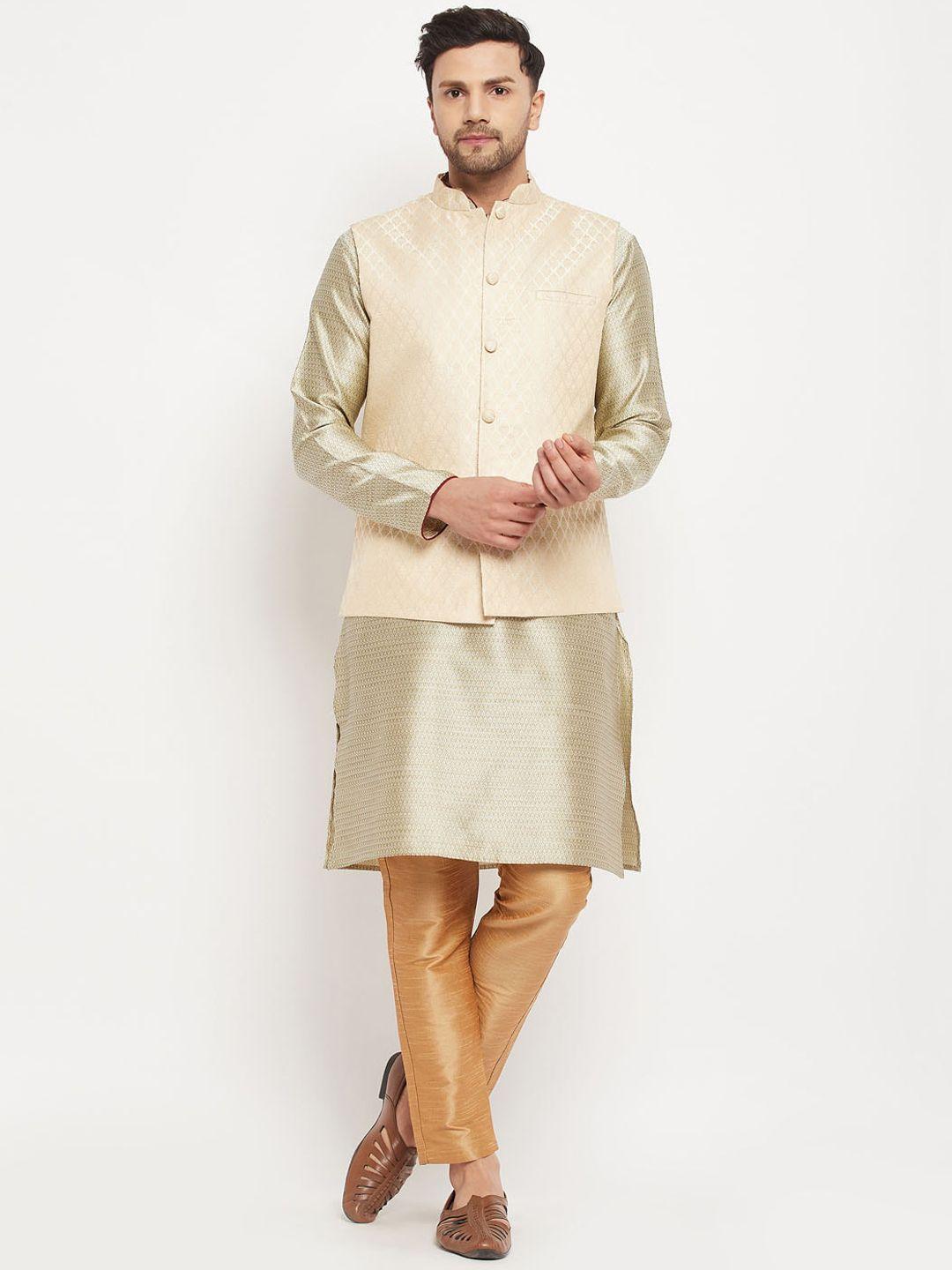 vm mandarin collar jacquard straight kurta with pyjamas & nehru jacket