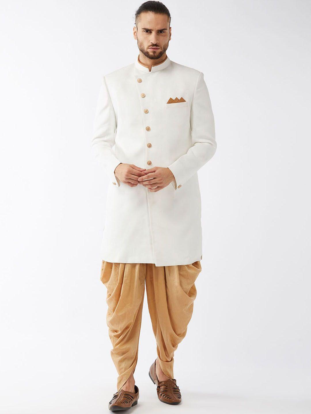 vm mandarin collar jute cotton slim-fit sherwani set