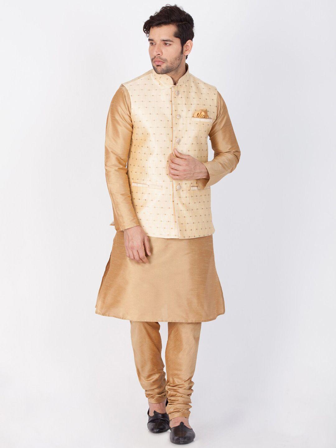 vm mandarin collar kurta with churidar & nehru jacket