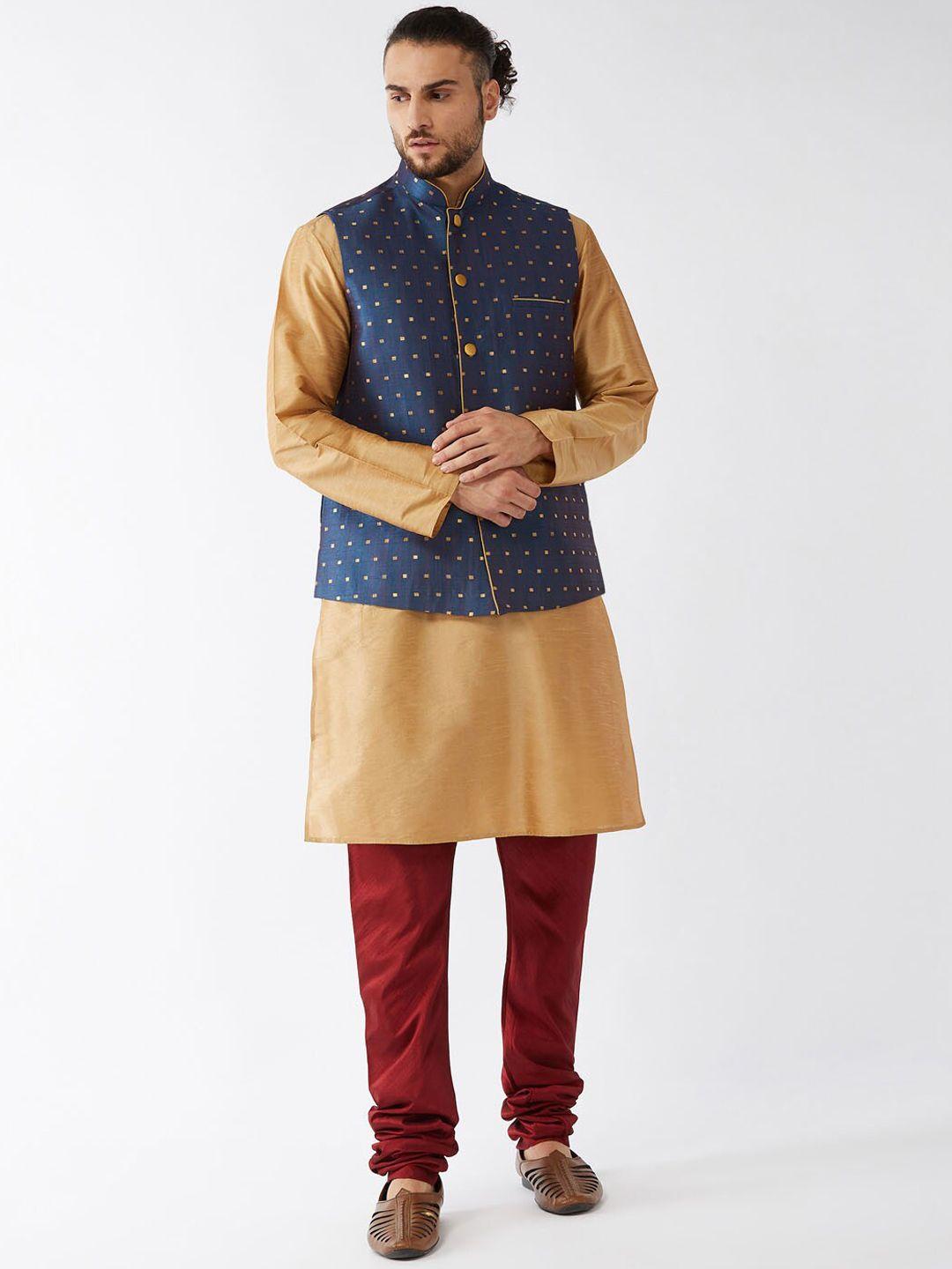 vm mandarin collar kurta with churidar & woven design nehru jacket