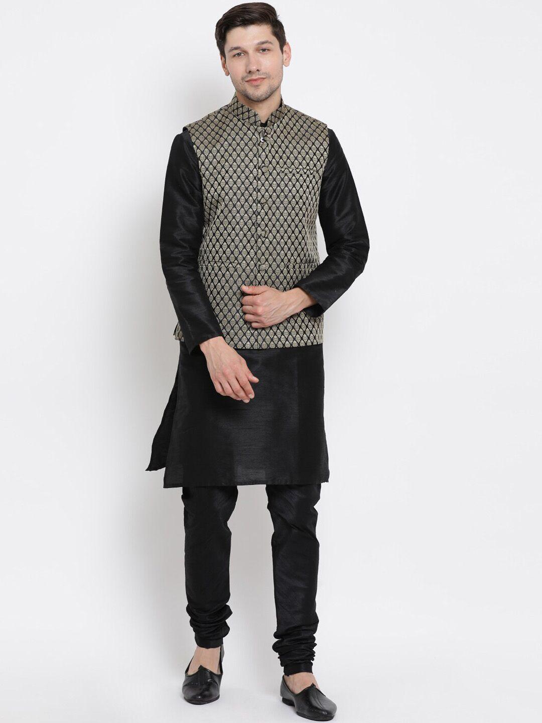 vm mandarin collar kurta with churidar & woven design nehru jacket