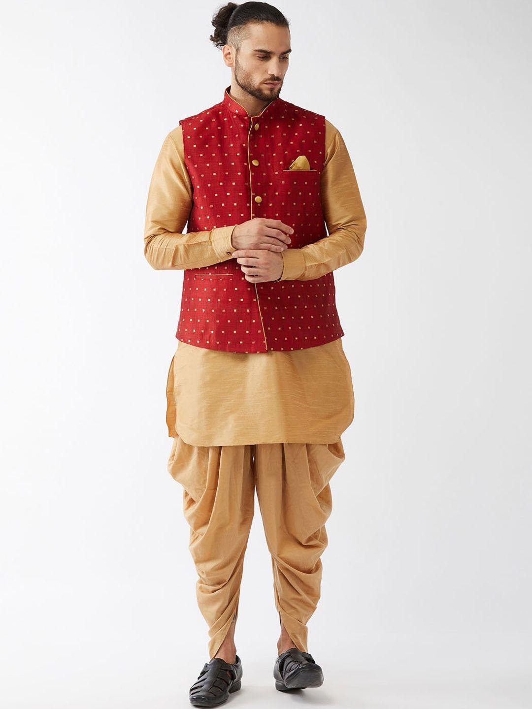 vm mandarin collar kurta with dhoti pants & nehru jacket