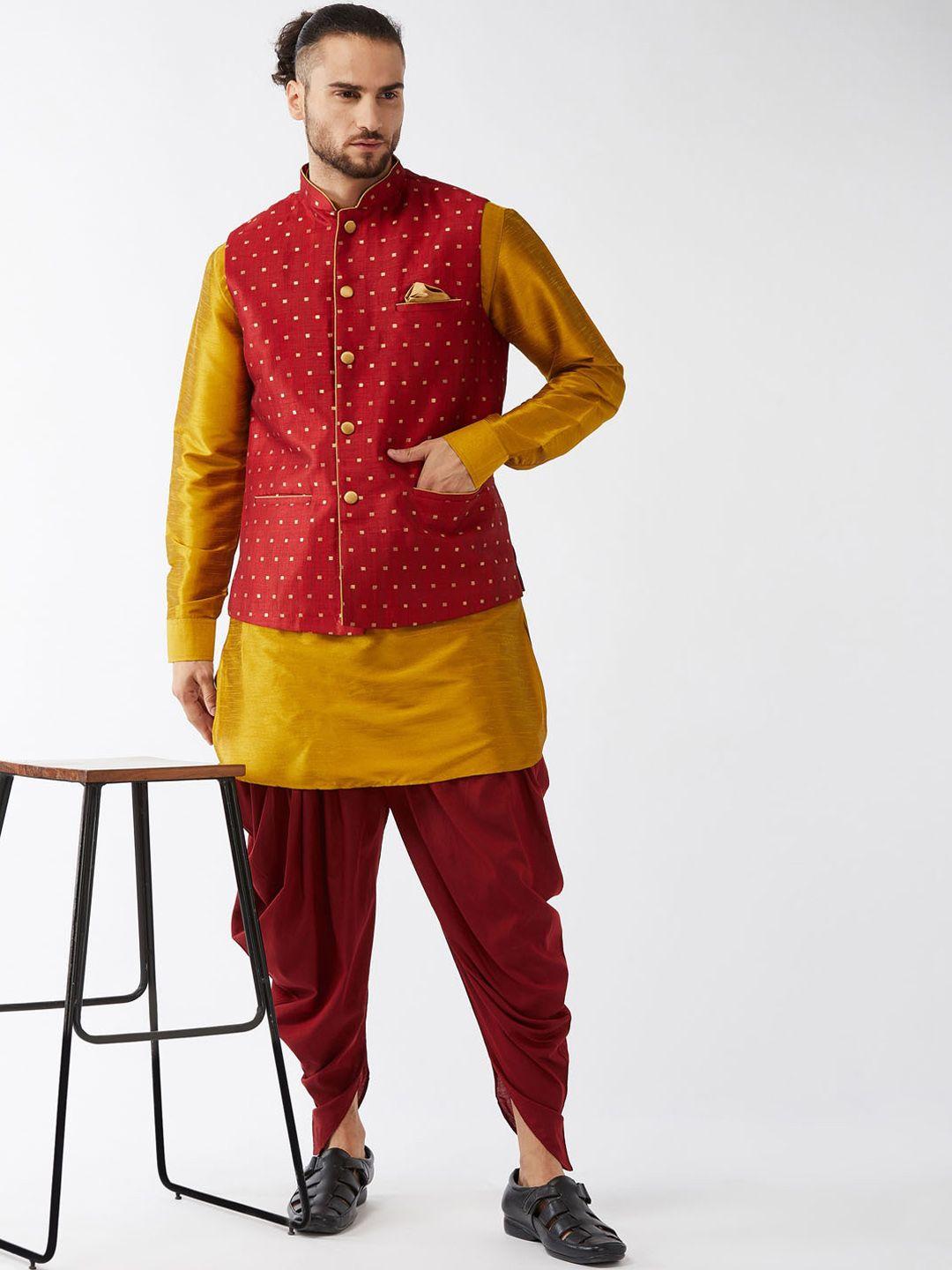 vm mandarin collar kurta with dhoti pants & nehru jacket