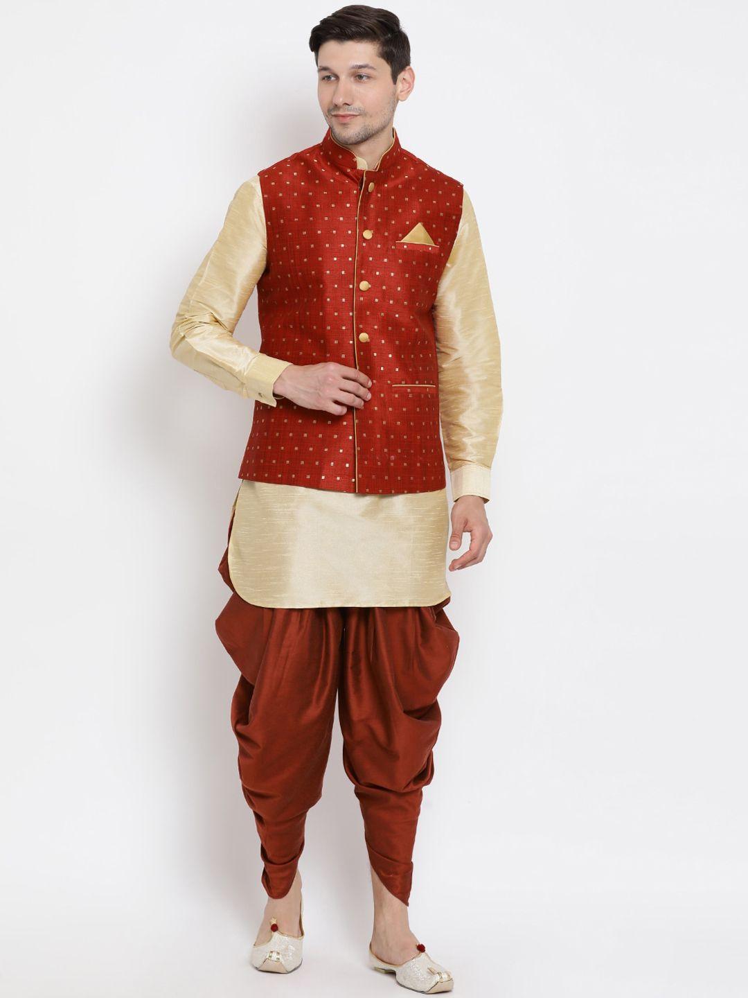 vm mandarin collar kurta with dhoti pants & woven design nehru jacket