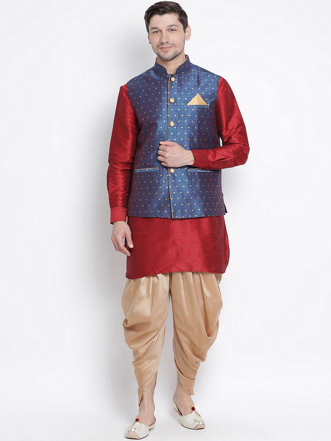 vm mandarin collar kurta with dhoti pants & woven design nehru jacket