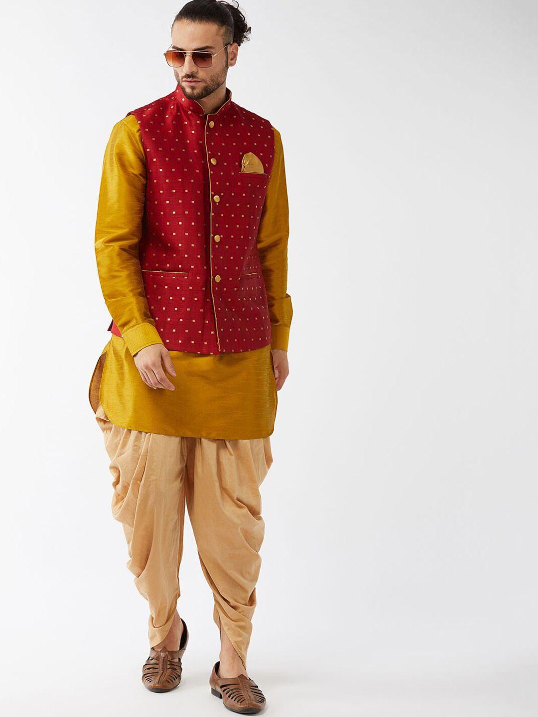 vm mandarin collar kurta with dhoti pants & woven design nehru jacket