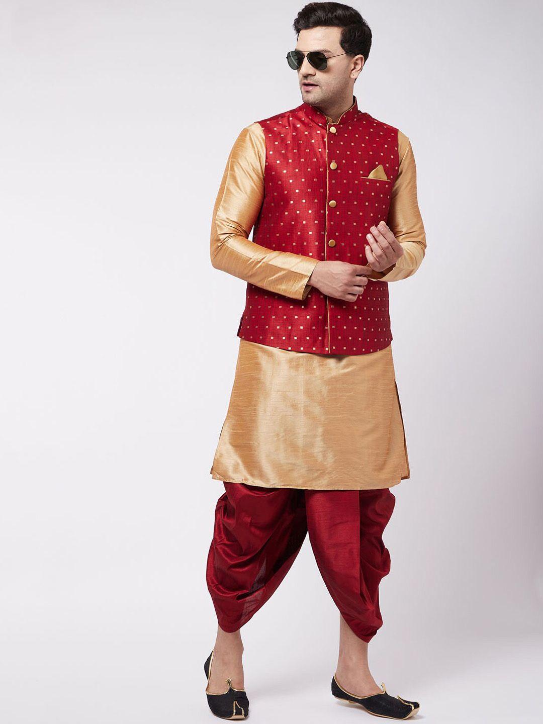 vm mandarin collar kurta with dhoti pants & woven design nehru jacket