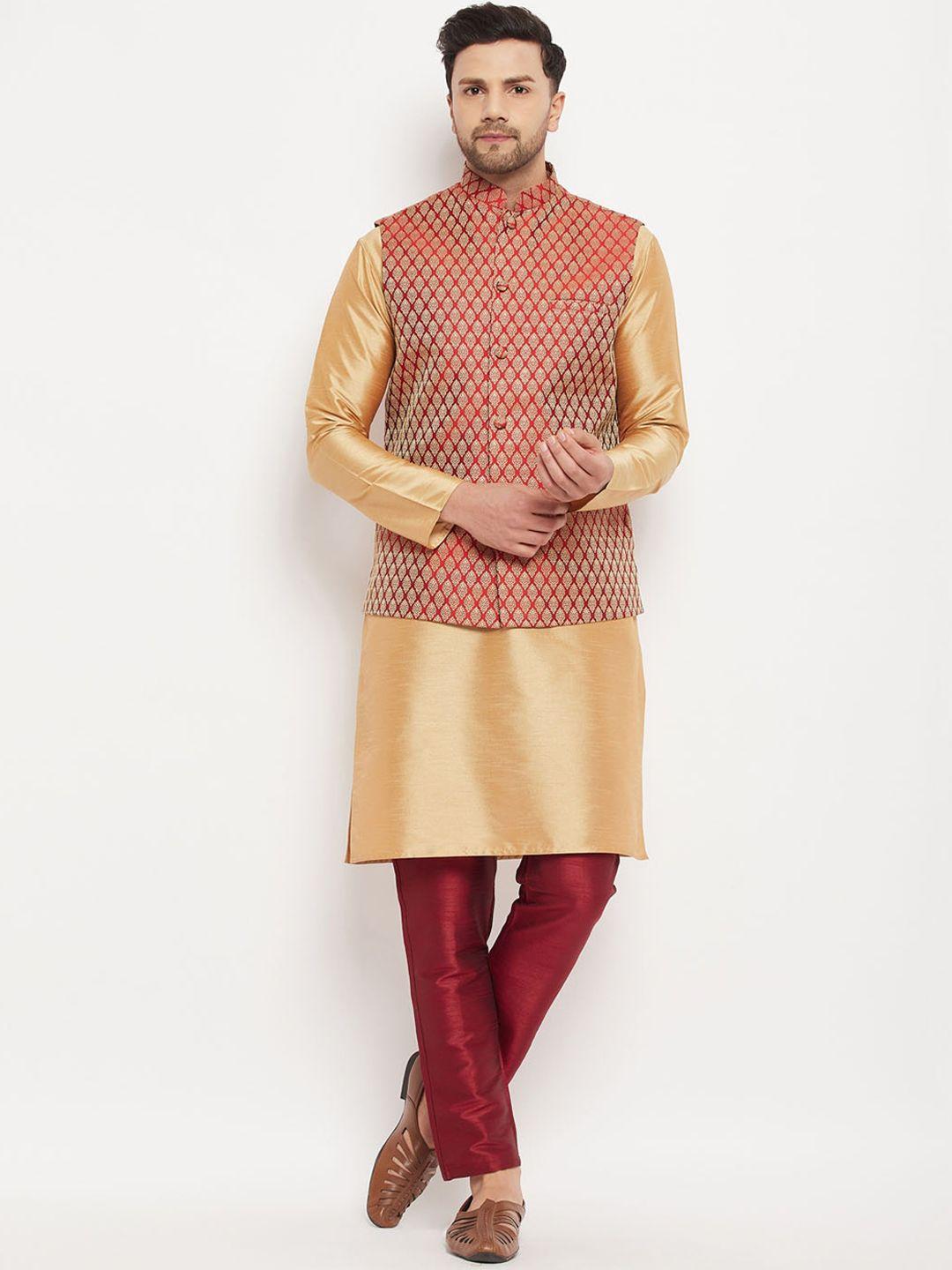 vm mandarin collar kurta with pyjamas with woven design nehru jacket