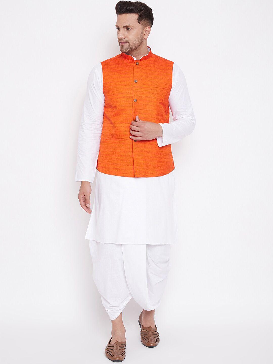 vm mandarin collar pure cotton kurta with dhoti pants & nehru jacket