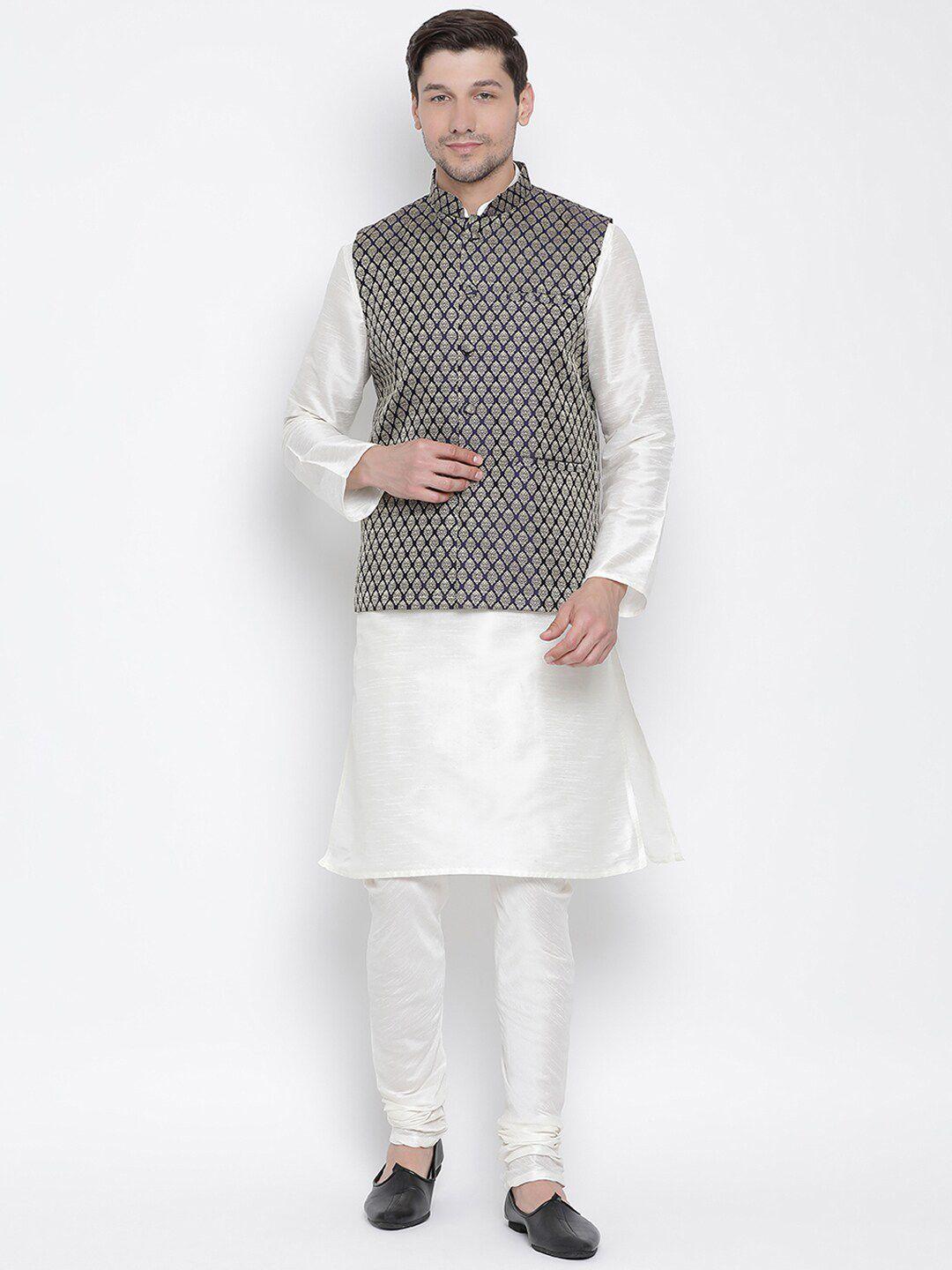 vm mandarin collar regular kurta with churidar & nehru jacket