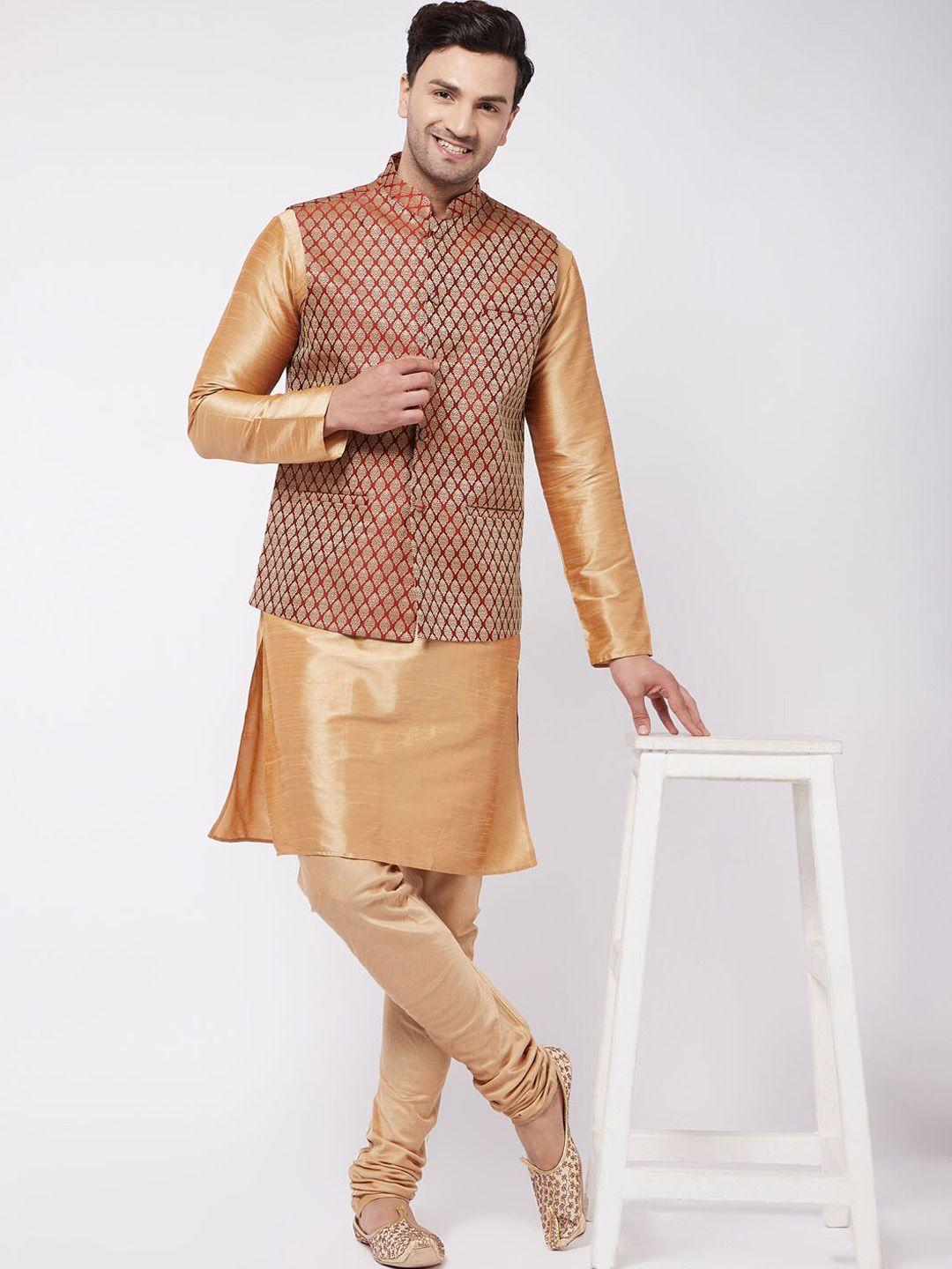 vm mandarin collar regular kurta with churidar & nehru jacket