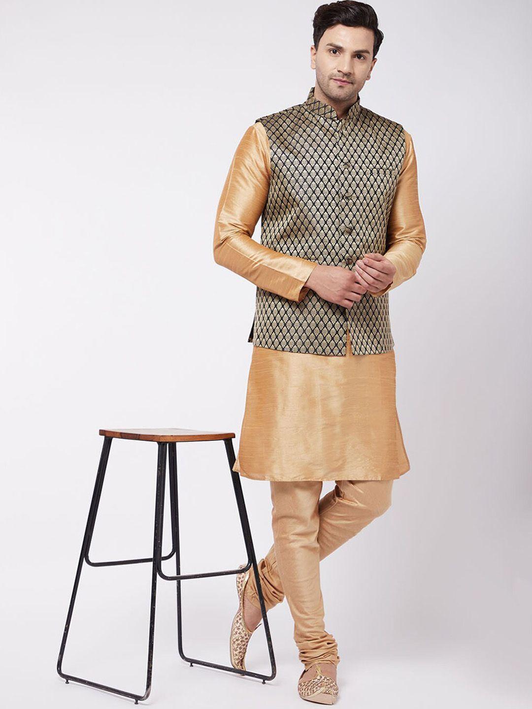 vm mandarin collar regular kurta with churidar & nehru jacket