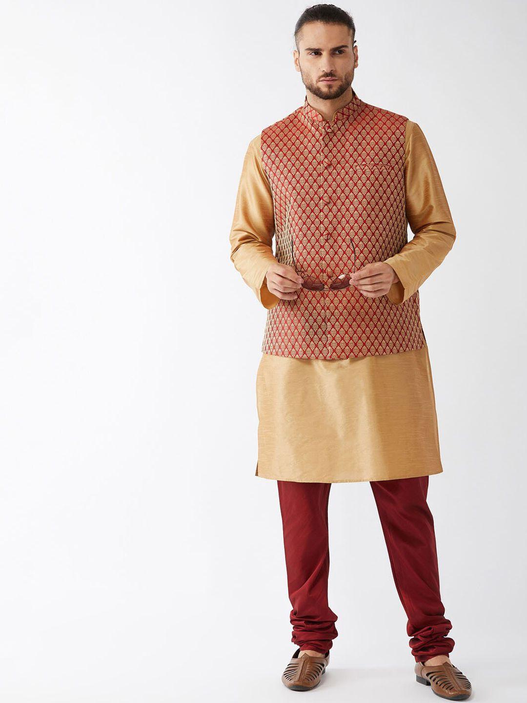 vm mandarin collar regular kurta with churidar & nehru jacket