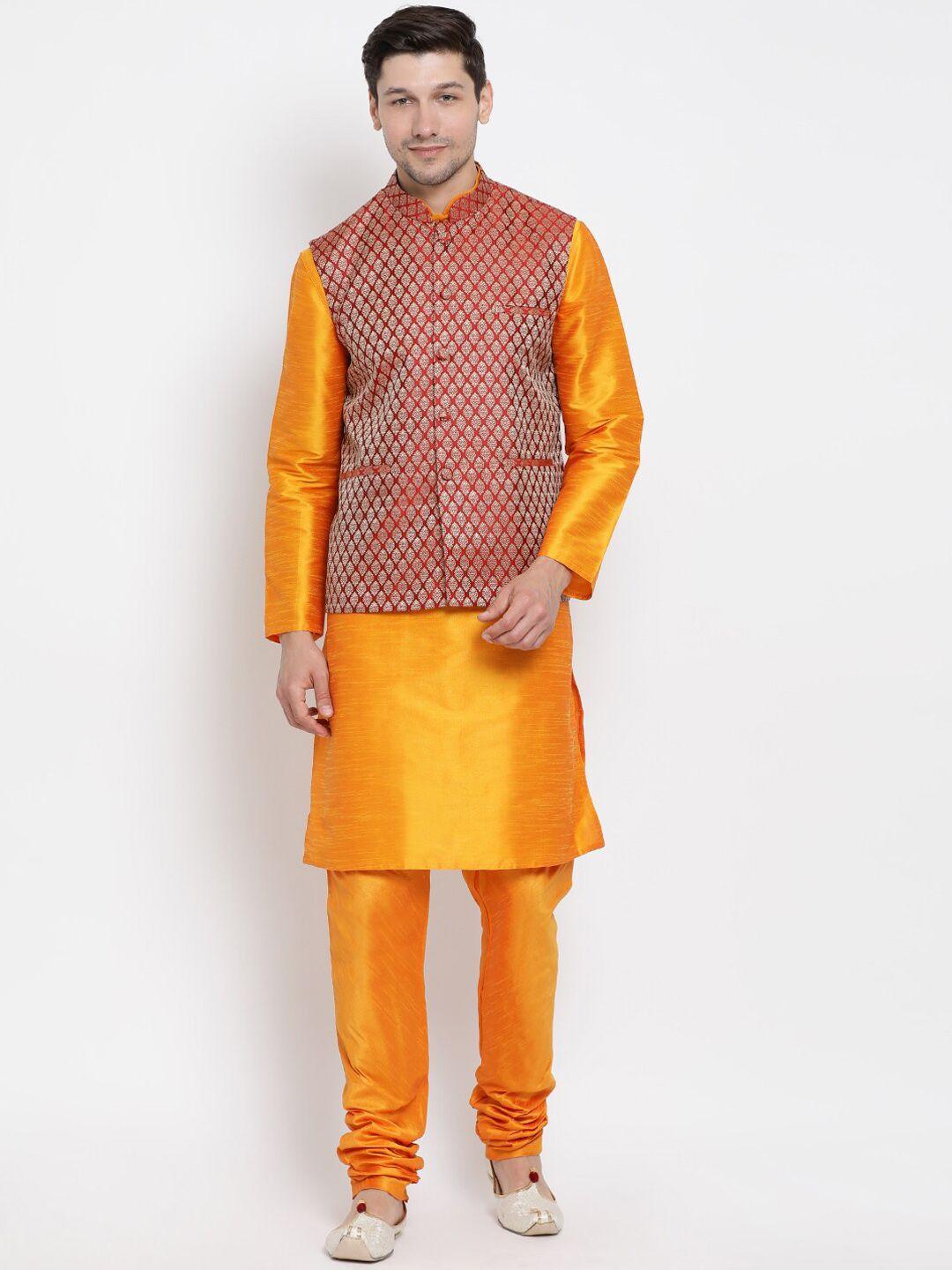 vm mandarin collar regular kurta with churidar & nehru jacket