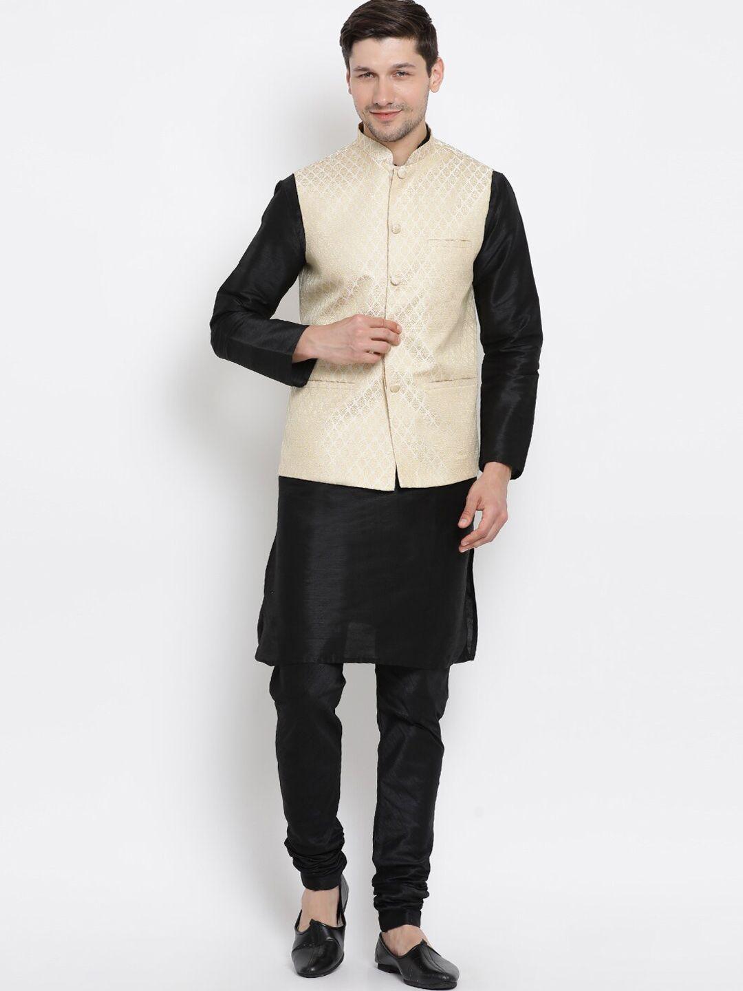 vm mandarin collar regular kurta with churidar & nehru jacket