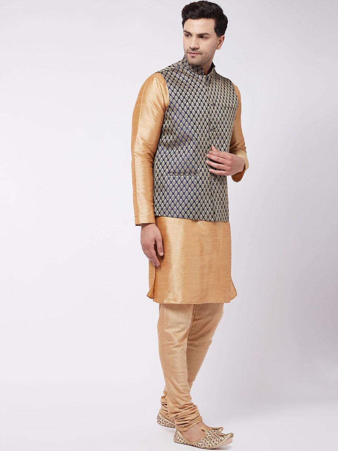 vm mandarin collar regular kurta with churidar & woven design kurta set