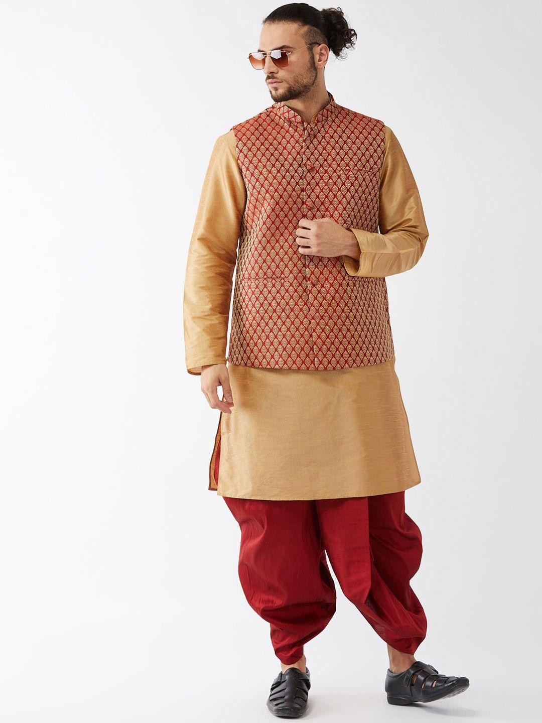 vm mandarin collar regular kurta with dhoti pants & nehru jacket