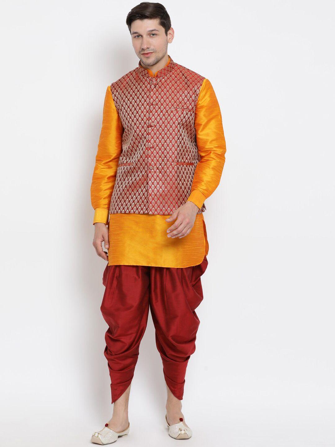 vm mandarin collar regular kurta with dhoti pants & woven design nehru jacket