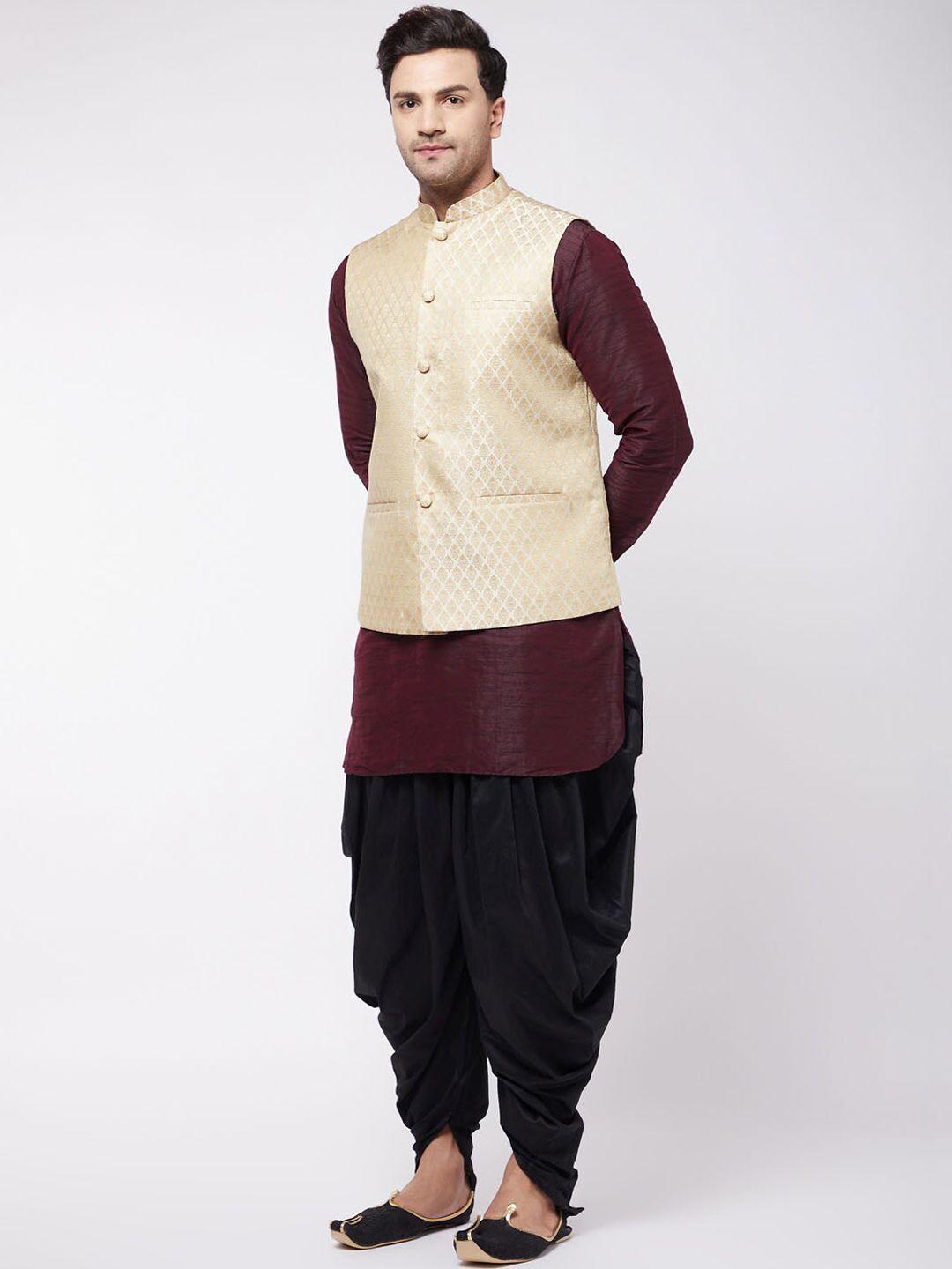 vm mandarin collar regular kurta with dhoti pants & woven design nehru jacket
