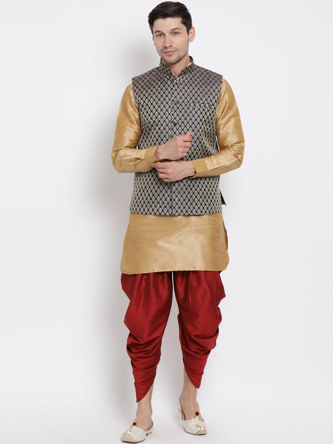 vm mandarin collar regular kurta with dhoti pants & woven design nehru jacket