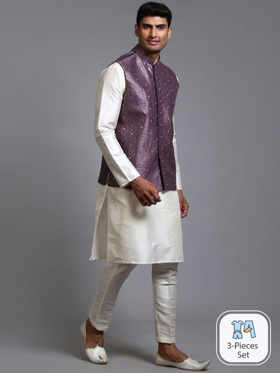 vm mandarin collar regular kurta with trousers and embellished nehru jacket