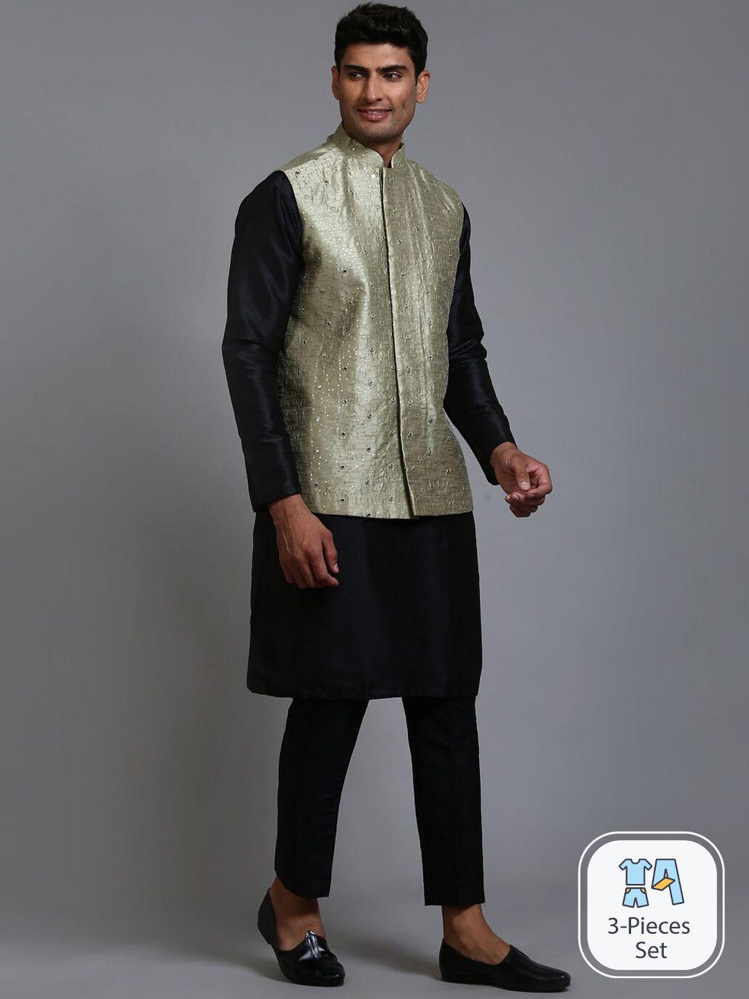 vm mandarin collar regular kurta with trousers and embellished nehru jacket