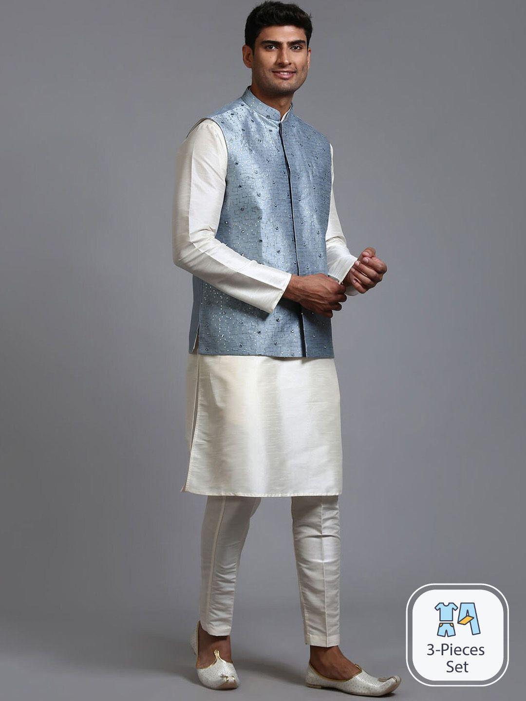 vm mandarin collar regular kurta with trousers and embellished nehru jacket