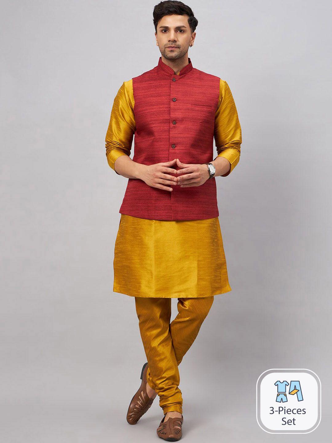 vm mandarin collar straight kurta with churidar & woven design nehru jacket