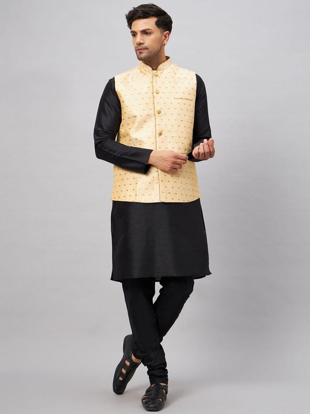 vm mandarin collar straight kurta with churidar & woven design nehru jacket