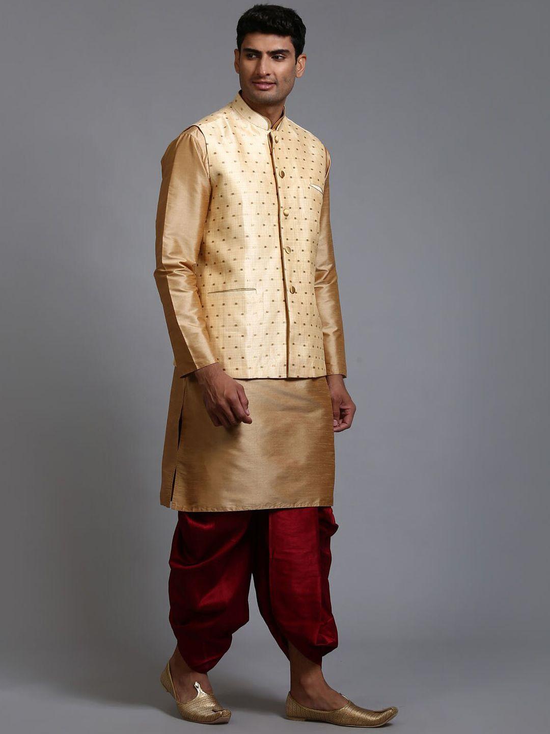 vm mandarin collar straight kurta with dhoti pants & nehru jacket