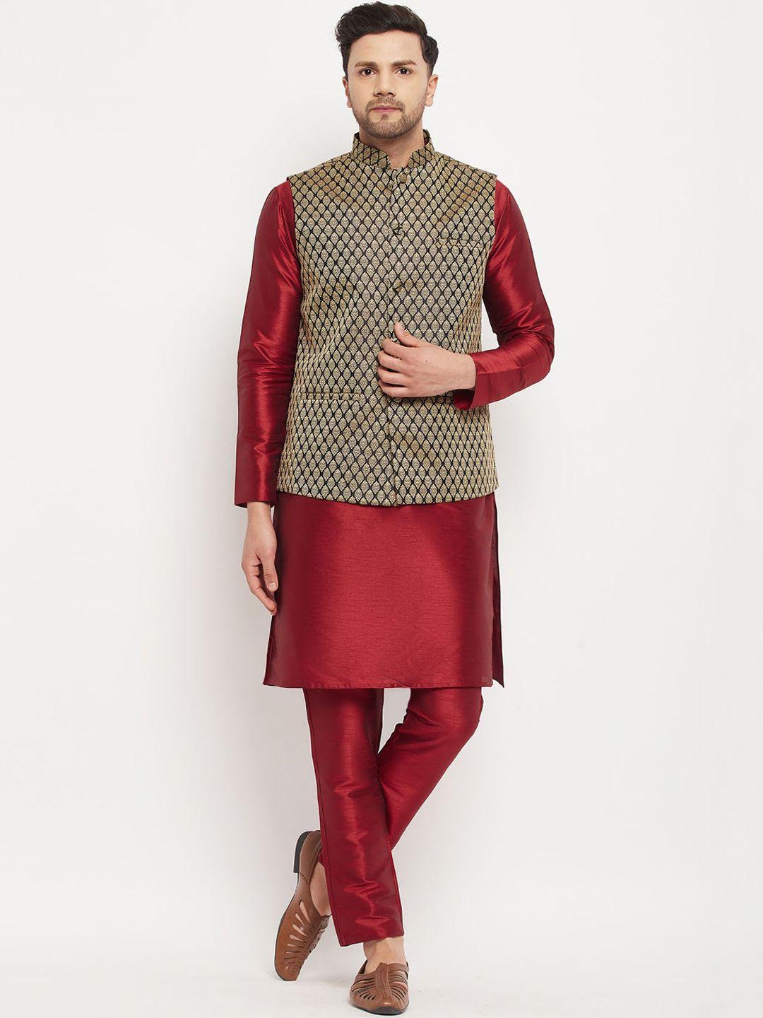 vm mandarin collar straight kurta with pyjamas & nehru jacket