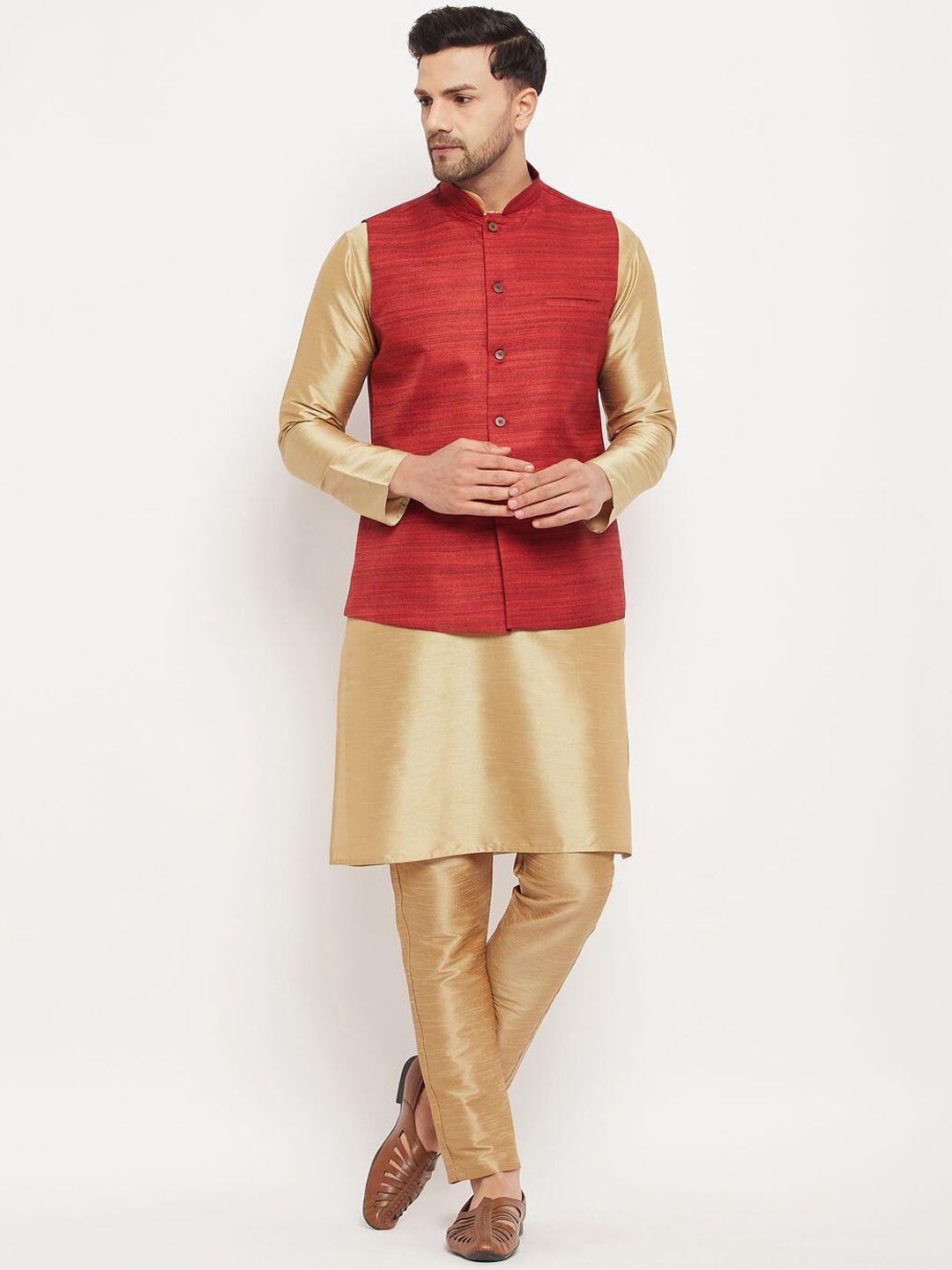 vm mandarin collar straight kurta with pyjamas & nehru jacket