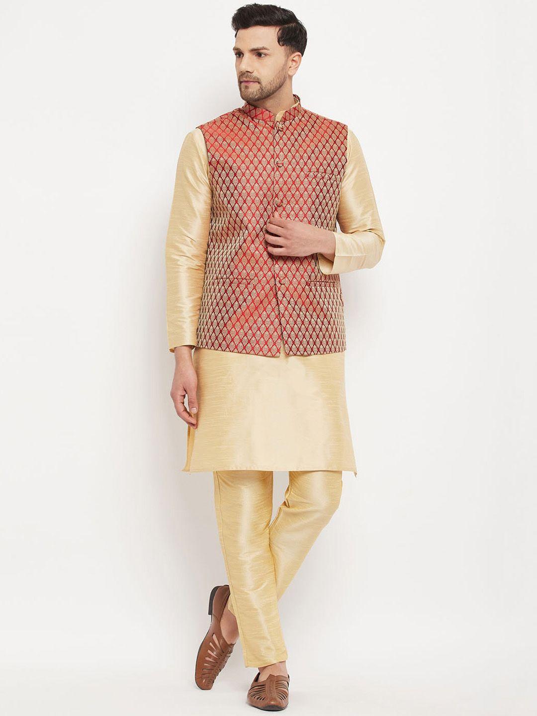 vm mandarin collar straight kurta with trousers & nehru jacket