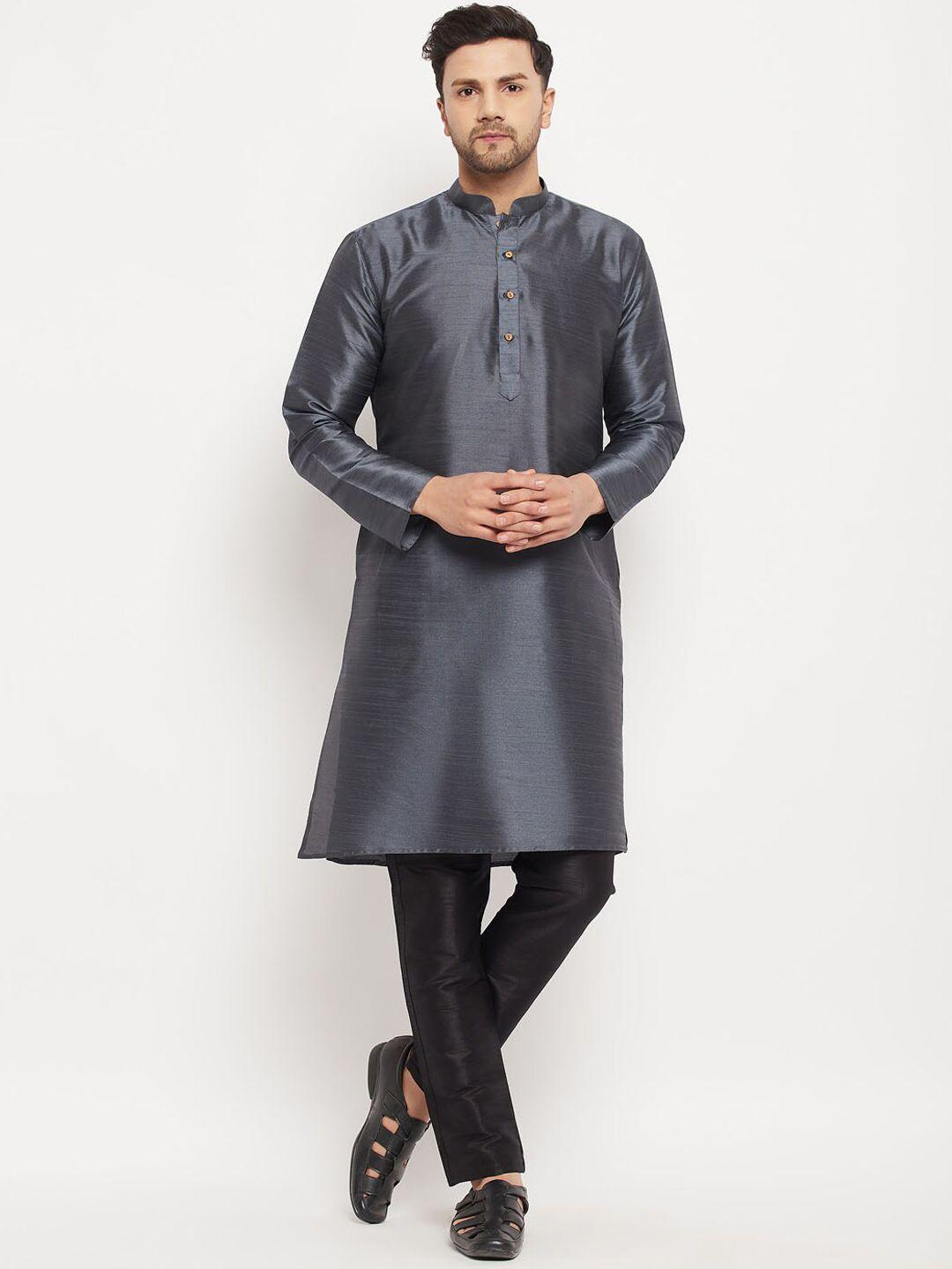 vm mandarin collar straight silk blend kurta with trousers