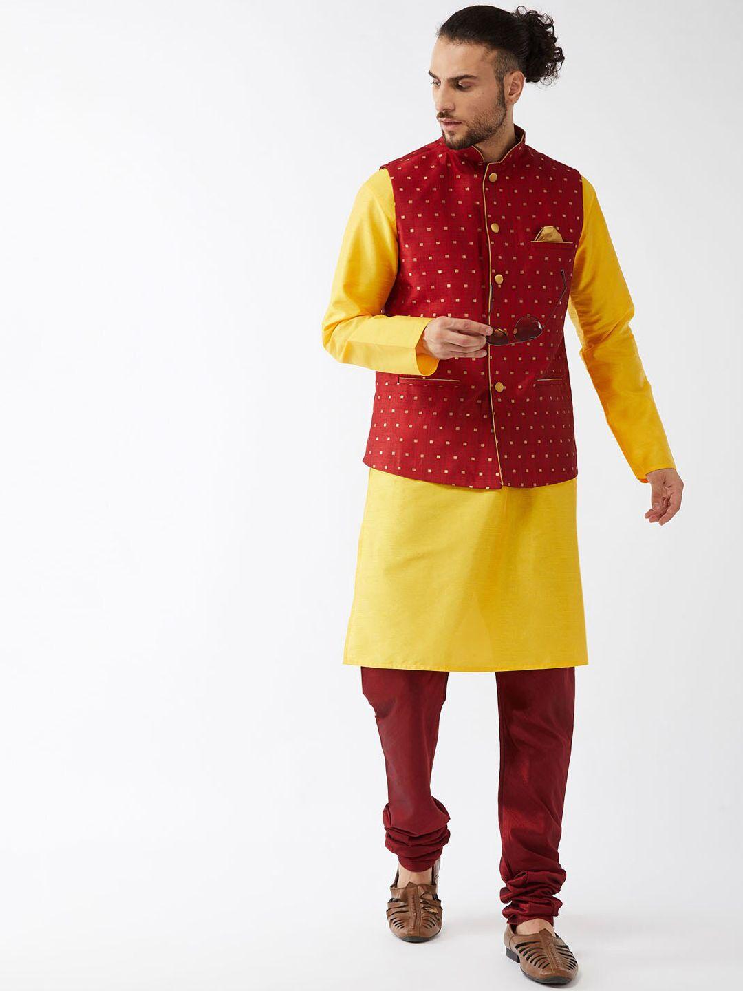 vm mandarin collar zari kurta with churidar & nehru jacket