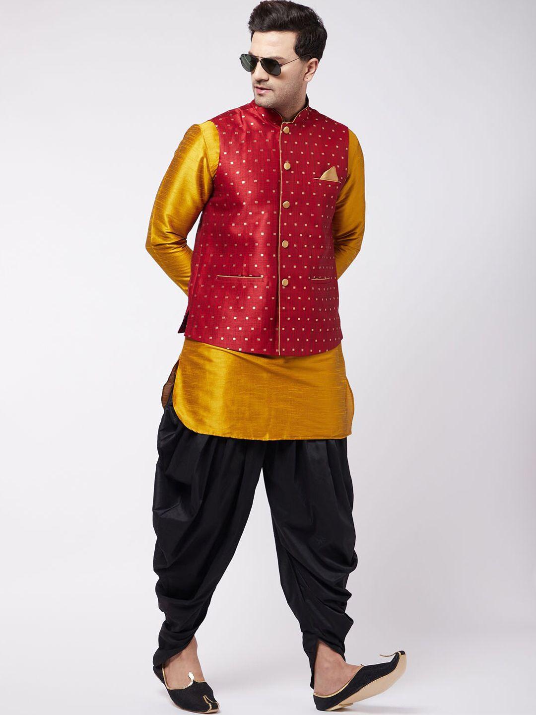 vm mandarin collar zari kurta with dhoti pants & nehru jacket