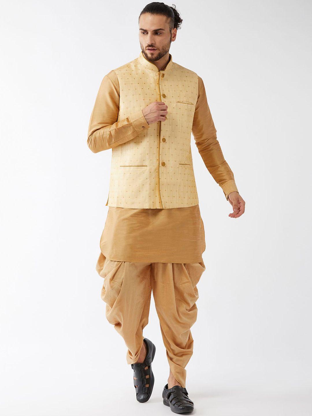 vm mandarin collar zari kurta with dhoti pants & nehru jacket