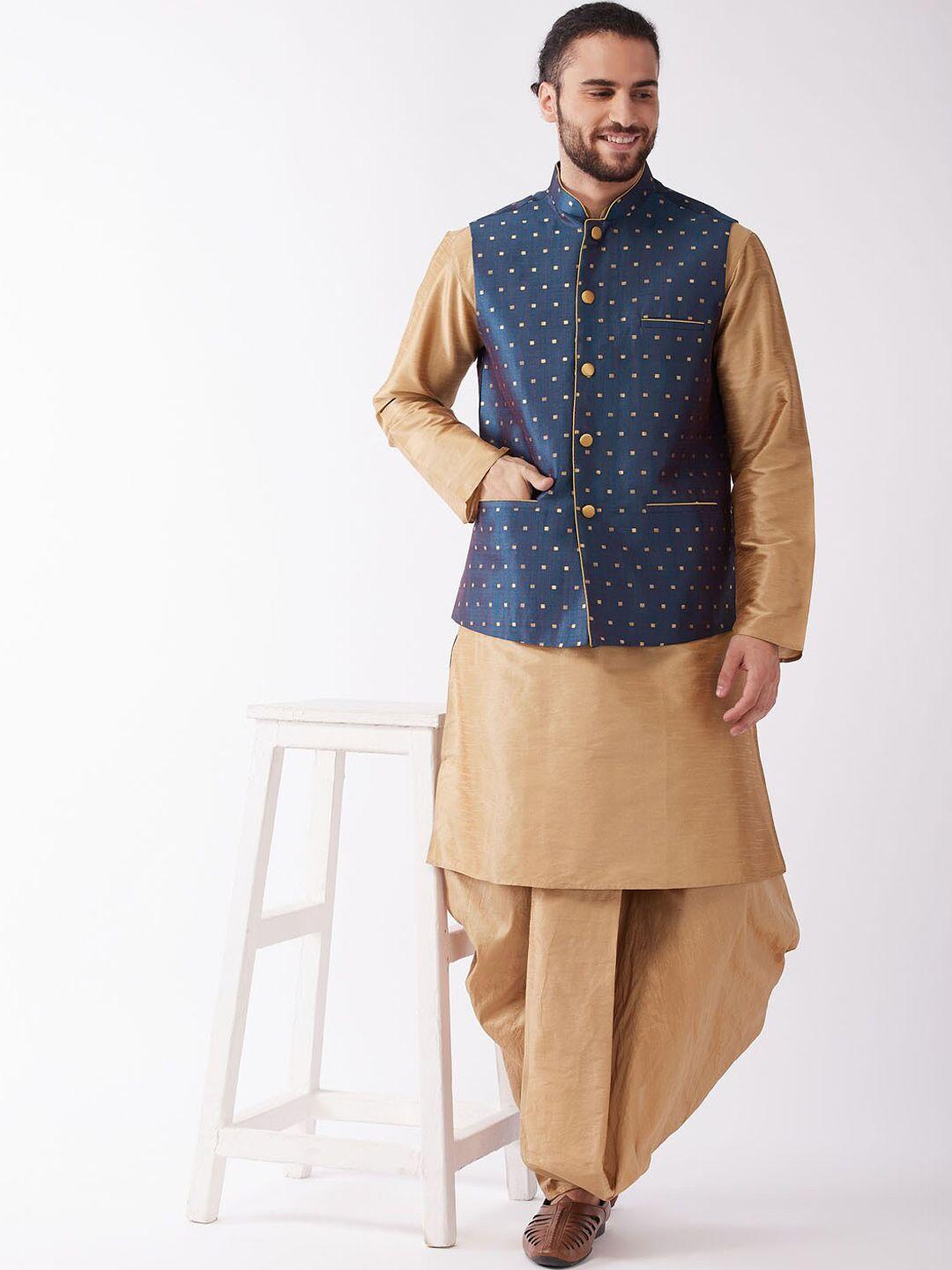 vm mandarin collar zari kurta with dhoti pants & nehru jacket