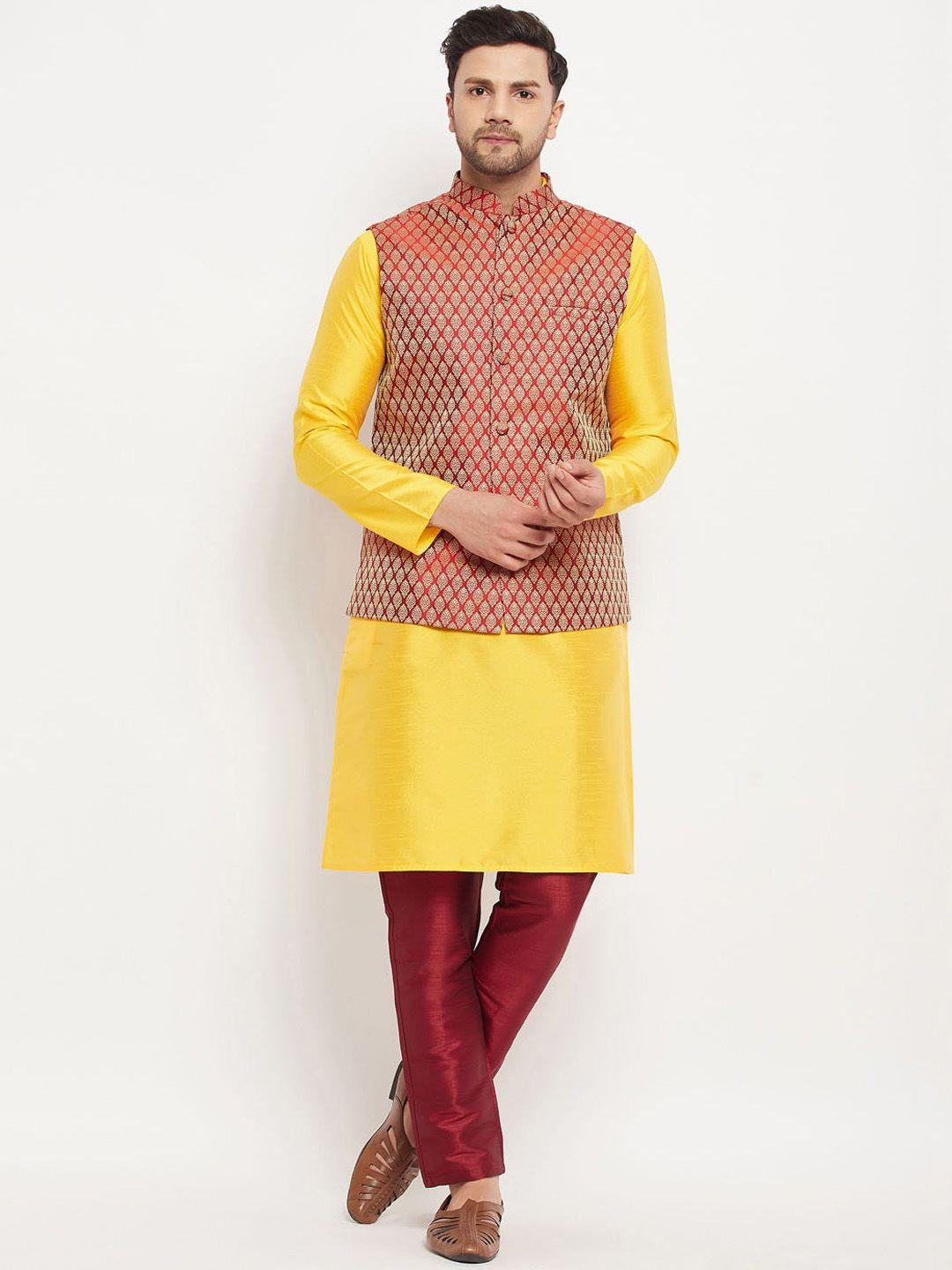 vm men mandarin collar straight kurta with pyjamas & nehru jacket