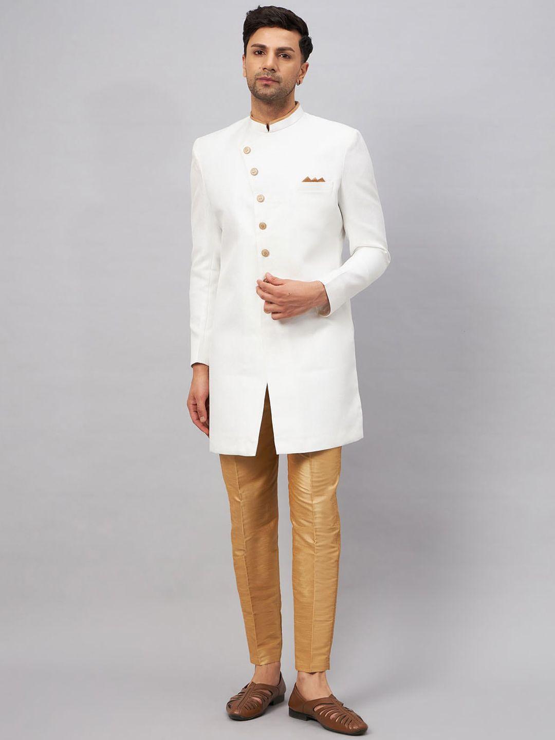 vm self-design mandarin collar jute cotton sherwani set