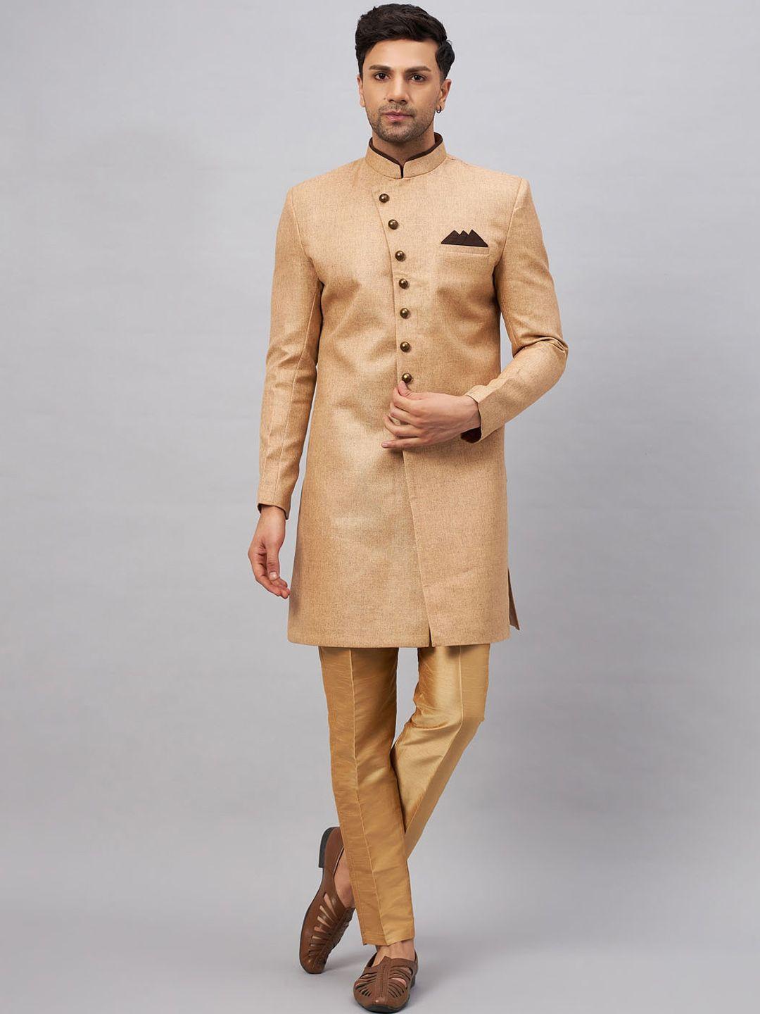 vm self-design mandarin collar jute cotton sherwani set